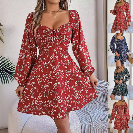 Fashion Floral Print Lantern Dress Casual Sexy Tie Square Neck Long Sleeve A-Line Dress Women Clothing