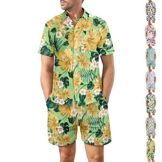 Printed Beach Shirt Summer Suit Loose Lapel Button Top Suits For Men Clothing 2 pcs.