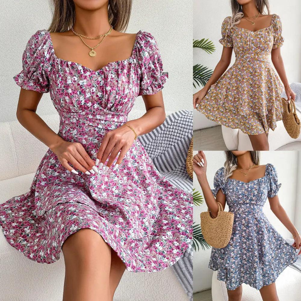 Mini Dress Temperament Big Swing Loose Hem Flower Print Shirring Dress Up.