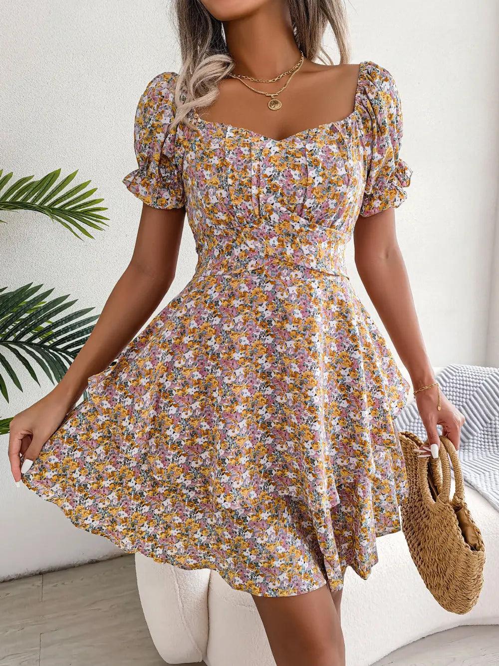 Mini Dress Temperament Big Swing Loose Hem Flower Print Shirring Dress Up.