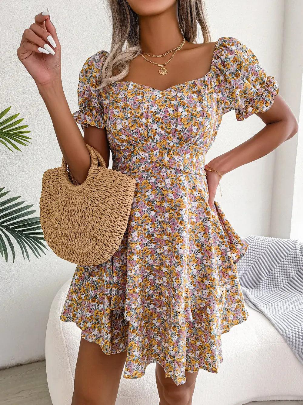 Mini Dress Temperament Big Swing Loose Hem Flower Print Shirring Dress Up.