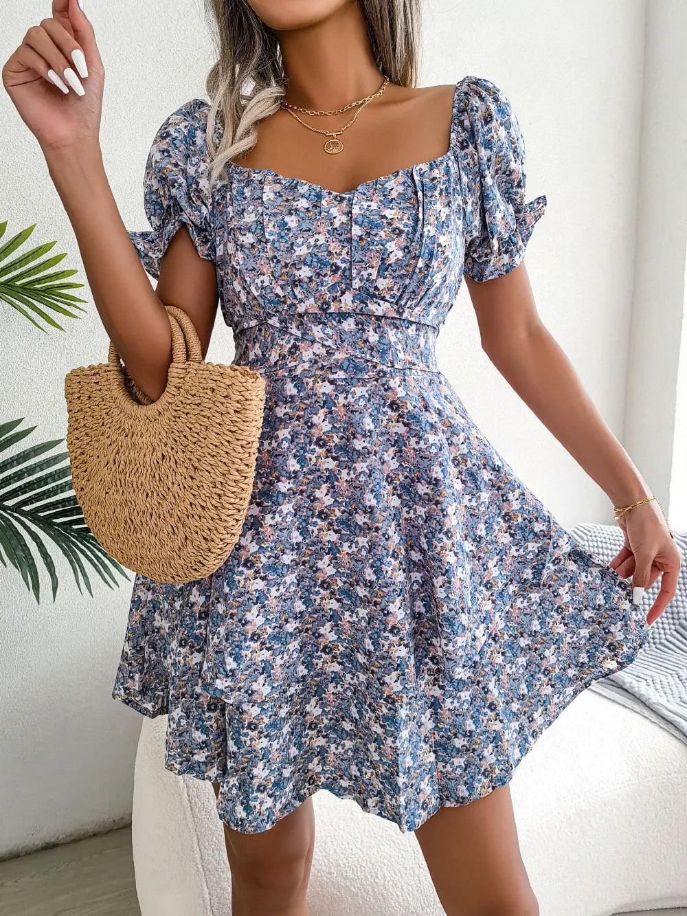 Mini Dress Temperament Big Swing Loose Hem Flower Print Shirring Dress Up.